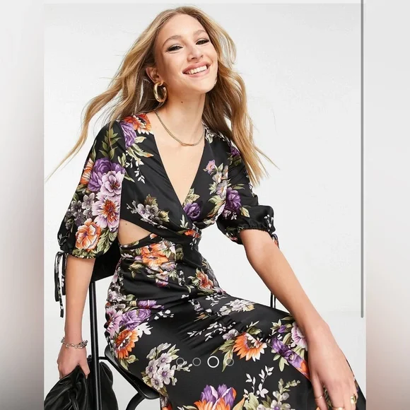 ASOS black satin floral midi dress